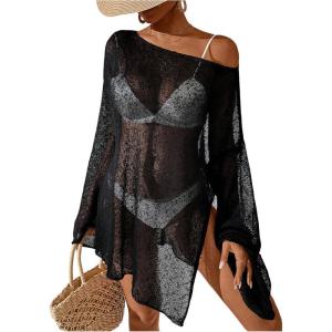 imageMakeMeChic Womens Sheer Bell Sleeve Cover Ups Split Knit Summer Swimsuits CoverupBlack