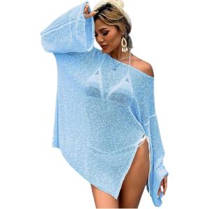 imageMakeMeChic Womens Sheer Bell Sleeve Cover Ups Split Knit Summer Swimsuits CoverupBlue