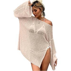 imageMakeMeChic Womens Sheer Bell Sleeve Cover Ups Split Knit Summer Swimsuits CoverupKhaki