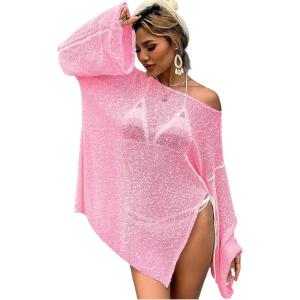 imageMakeMeChic Womens Sheer Bell Sleeve Cover Ups Split Knit Summer Swimsuits CoverupPink