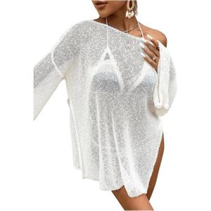 imageMakeMeChic Womens Sheer Bell Sleeve Cover Ups Split Knit Summer Swimsuits CoverupWhite