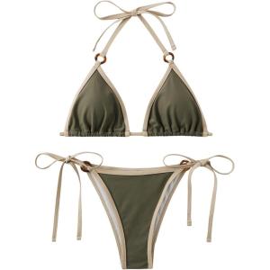 imageMakeMeChic Womens Solid Halter Triangle High Cut Bikini Set Swimsuit Bathing SuitArmy Green Solid