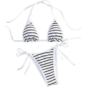 imageMakeMeChic Womens Solid Halter Triangle High Cut Bikini Set Swimsuit Bathing SuitBlack White a