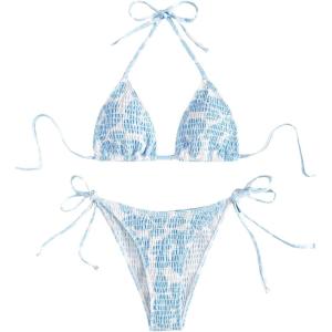 imageMakeMeChic Womens Solid Halter Triangle High Cut Bikini Set Swimsuit Bathing SuitBlue and White