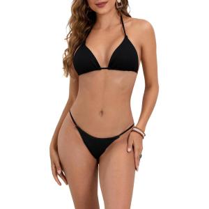 imageMakeMeChic Womens Solid Halter Triangle High Cut Bikini Set Swimsuit Bathing SuitRibbed Black