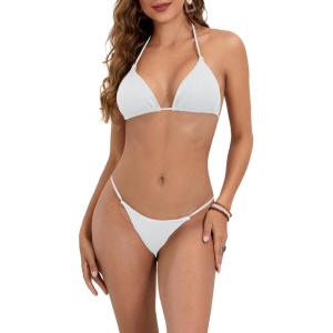 imageMakeMeChic Womens Solid Halter Triangle High Cut Bikini Set Swimsuit Bathing SuitRibbed White