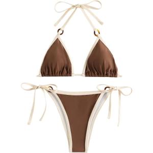 imageMakeMeChic Womens Solid Halter Triangle High Cut Bikini Set Swimsuit Bathing SuitRing Coffee Brown