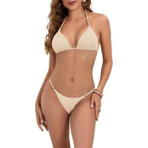 imageMakeMeChic Womens Solid Halter Triangle High Cut Bikini Set Swimsuit Bathing SuitSolid Apricot