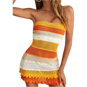 imageMakeMeChic Womens Strapless Crochet Cover Up Beachwear Colorblock Knit Tube Mini DressOrange