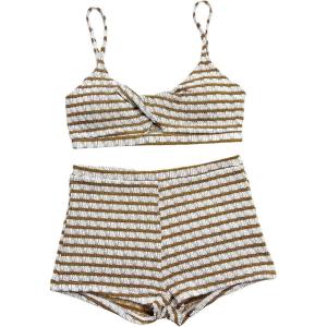 imageMakeMeChic Womens Striped Bikini Set Twist Front Tummy Control Bathing Suit with BoyshortsCoffee Brown