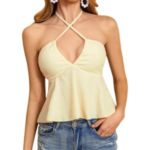 imageMakeMeChic Womens Summer Criss Cross Halter Tops 2025 Beach Sleeveles Cut Out Tie Backless Peplum Crop Tank TopsBeige