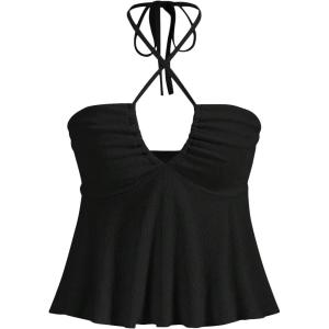 imageMakeMeChic Womens Summer Criss Cross Halter Tops 2025 Beach Sleeveles Cut Out Tie Backless Peplum Crop Tank TopsBlack