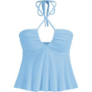 imageMakeMeChic Womens Summer Criss Cross Halter Tops 2025 Beach Sleeveles Cut Out Tie Backless Peplum Crop Tank TopsLight Blue