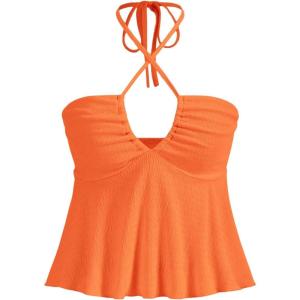 imageMakeMeChic Womens Summer Criss Cross Halter Tops 2025 Beach Sleeveles Cut Out Tie Backless Peplum Crop Tank TopsOrange