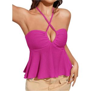 imageMakeMeChic Womens Summer Criss Cross Halter Tops 2025 Beach Sleeveles Cut Out Tie Backless Peplum Crop Tank TopsRed Violet