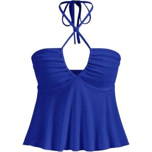 imageMakeMeChic Womens Summer Criss Cross Halter Tops 2025 Beach Sleeveles Cut Out Tie Backless Peplum Crop Tank TopsRoyal Blue
