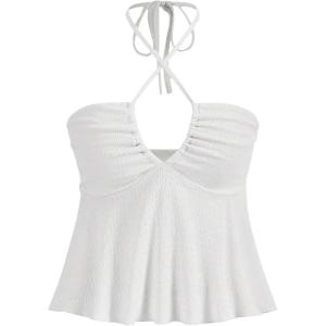 imageMakeMeChic Womens Summer Criss Cross Halter Tops 2025 Beach Sleeveles Cut Out Tie Backless Peplum Crop Tank TopsWhite