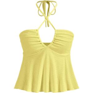 imageMakeMeChic Womens Summer Criss Cross Halter Tops 2025 Beach Sleeveles Cut Out Tie Backless Peplum Crop Tank TopsYellow B