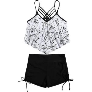 imageMakeMeChic Womens Tankini Set Hanky Hem Top Swim Shorts Bikini Set Swimsuit Bathing SuitBlack and White