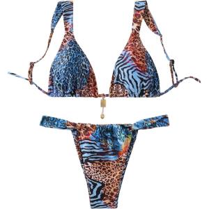 imageMakeMeChic Womens Triangle Thong Bikini Sets High Cut Swimsuit Bathing Suit SwimwearBlue Brown