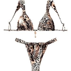 imageMakeMeChic Womens Triangle Thong Bikini Sets High Cut Swimsuit Bathing Suit SwimwearBrown Multi