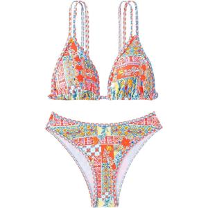 imageMakeMeChic Womens Triangle Thong Bikini Sets High Cut Swimsuit Bathing Suit SwimwearFlower Multi