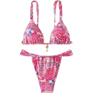 imageMakeMeChic Womens Triangle Thong Bikini Sets High Cut Swimsuit Bathing Suit SwimwearHot Pink Multi