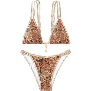 imageMakeMeChic Womens Triangle Thong Bikini Sets High Cut Swimsuit Bathing Suit SwimwearPaisley Print Brown