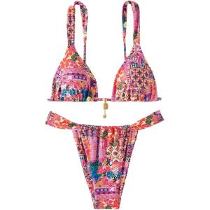 imageMakeMeChic Womens Triangle Thong Bikini Sets High Cut Swimsuit Bathing Suit SwimwearPink Multi