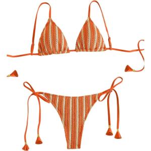 imageMakeMeChic Womens Triangle Thong Bikini Sets High Cut Swimsuit Bathing Suit SwimwearStriped Orange