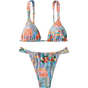 imageMakeMeChic Womens Triangle Thong Bikini Sets High Cut Swimsuit Bathing Suit SwimwearTropical Plant Printed