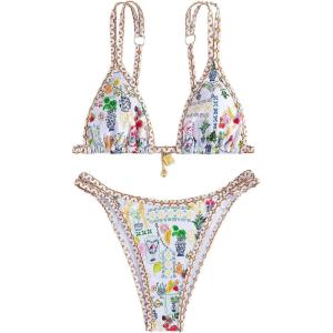 imageMakeMeChic Womens Triangle Thong Bikini Sets High Cut Swimsuit Bathing Suit SwimwearWhite Floral