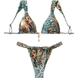 imageMakeMeChic Womens Triangle Thong Bikini Sets High Cut Swimsuit Bathing Suit SwimwearZebra Print