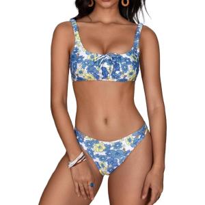 imageMakeMeChic Womens Two Piece Bikini Set Floral Print Knot Front Boho Bathing Suit SwimsuitsBlue