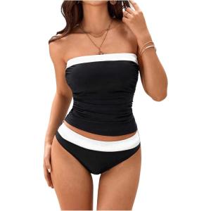 imageMakeMeChic Womens Two Piece Tankini Set Colorblock Ruched Bandeau Bathing Suit Swimsuits BeachwearBlack and White