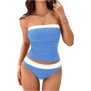 imageMakeMeChic Womens Two Piece Tankini Set Colorblock Ruched Bandeau Bathing Suit Swimsuits BeachwearBlue and White
