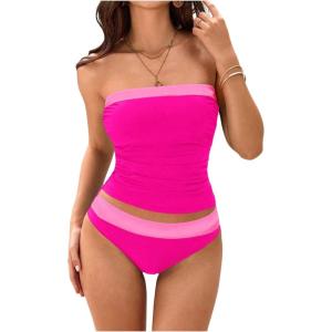 imageMakeMeChic Womens Two Piece Tankini Set Colorblock Ruched Bandeau Bathing Suit Swimsuits BeachwearMulticolor
