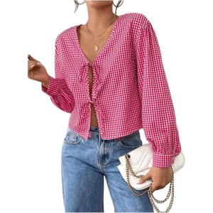 imageMakeMeChic Womens Y2K Plaid Gingham V Neck Long Sleeve Tie Front Babydoll Blouse Checkered Cute TopPink