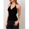 imageMakeMeChic Womens Halter Top Y2K Lace V Neck Ruched Low Cut Halter Tank Tops Camisole TopsA Black