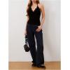 imageMakeMeChic Womens Halter Top Y2K Lace V Neck Ruched Low Cut Halter Tank Tops Camisole TopsA Black