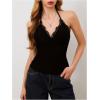 imageMakeMeChic Womens Halter Top Y2K Lace V Neck Ruched Low Cut Halter Tank Tops Camisole TopsA Black