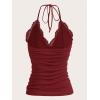 imageMakeMeChic Womens Halter Top Y2K Lace V Neck Ruched Low Cut Halter Tank Tops Camisole TopsBurgundy