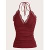 imageMakeMeChic Womens Halter Top Y2K Lace V Neck Ruched Low Cut Halter Tank Tops Camisole TopsBurgundy