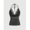 imageMakeMeChic Womens Halter Top Y2K Lace V Neck Ruched Low Cut Halter Tank Tops Camisole TopsDark Grey