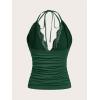 imageMakeMeChic Womens Halter Top Y2K Lace V Neck Ruched Low Cut Halter Tank Tops Camisole TopsGreen