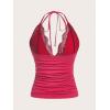 imageMakeMeChic Womens Halter Top Y2K Lace V Neck Ruched Low Cut Halter Tank Tops Camisole TopsHot Pink
