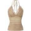 imageMakeMeChic Womens Halter Top Y2K Lace V Neck Ruched Low Cut Halter Tank Tops Camisole TopsKhaki