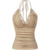 imageMakeMeChic Womens Halter Top Y2K Lace V Neck Ruched Low Cut Halter Tank Tops Camisole TopsKhaki