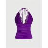 imageMakeMeChic Womens Halter Top Y2K Lace V Neck Ruched Low Cut Halter Tank Tops Camisole TopsViolet Purple