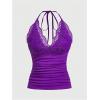 imageMakeMeChic Womens Halter Top Y2K Lace V Neck Ruched Low Cut Halter Tank Tops Camisole TopsViolet Purple